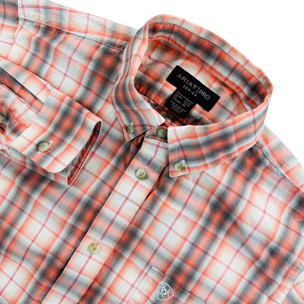 Ariat Pro Series Boys XL 18 Knox Plaid Long Sleeve Button Down Shirt Orange Grey
